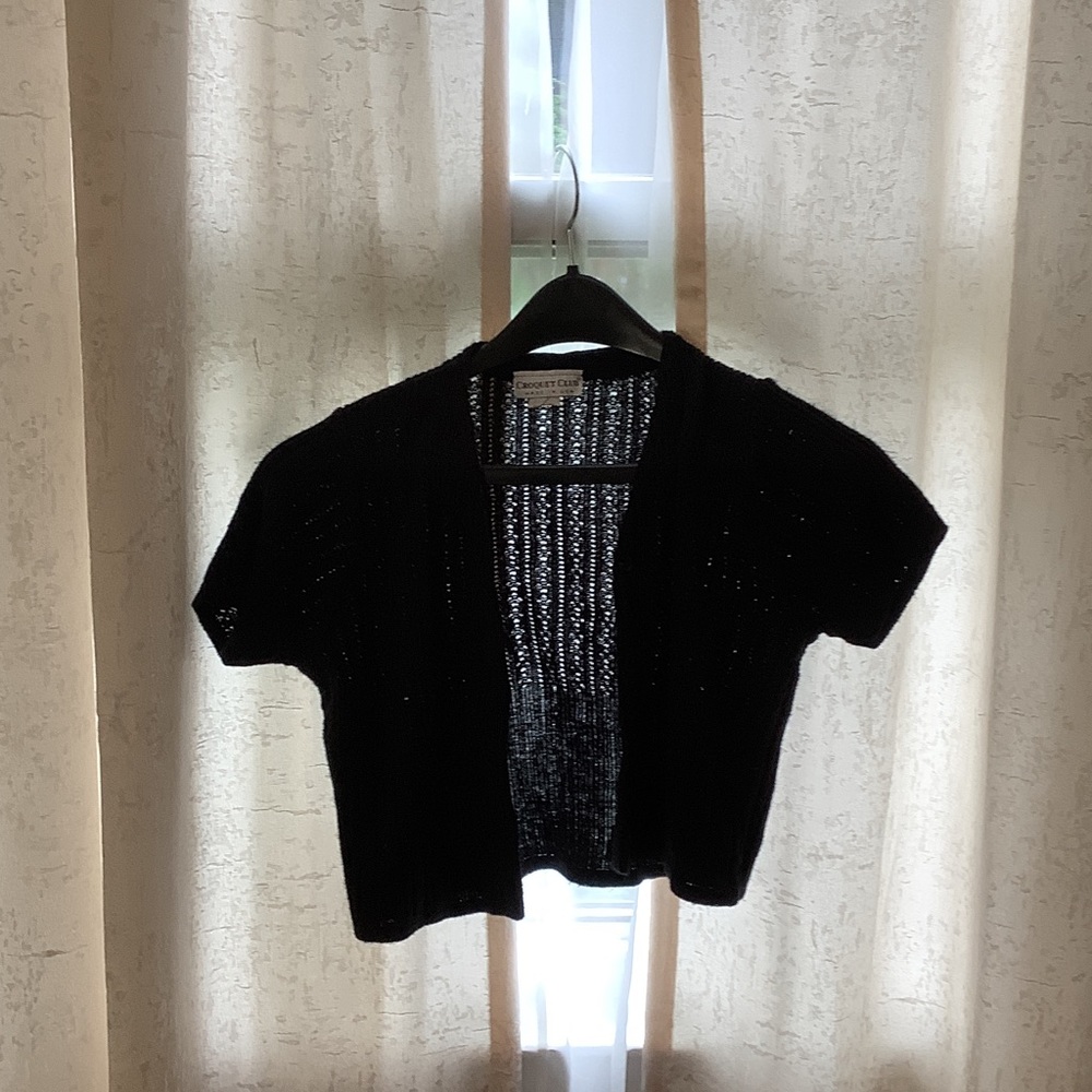 Black Women's Short Sleeve Open Knit Cardigan Sweater